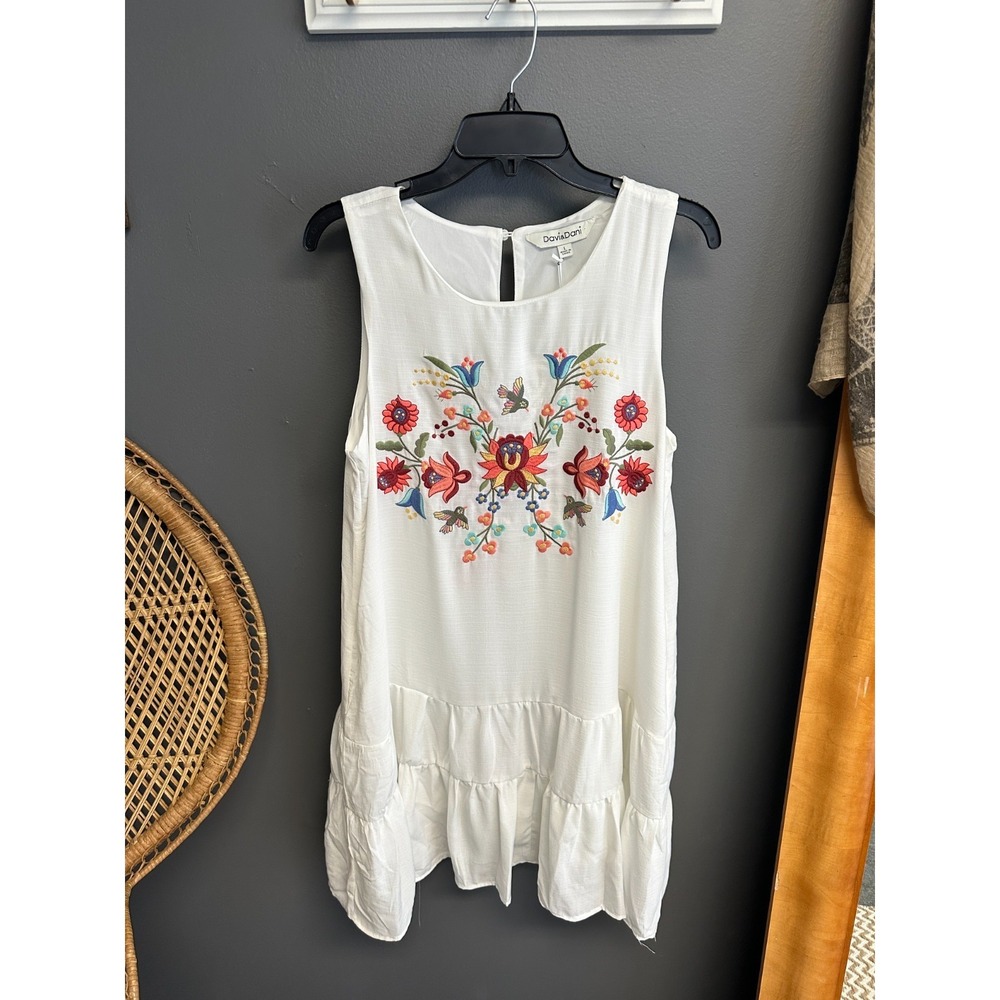 Davi & Dani Womens L Dress White Embroidered Birds Floral‎ Tiered Boho Sundress